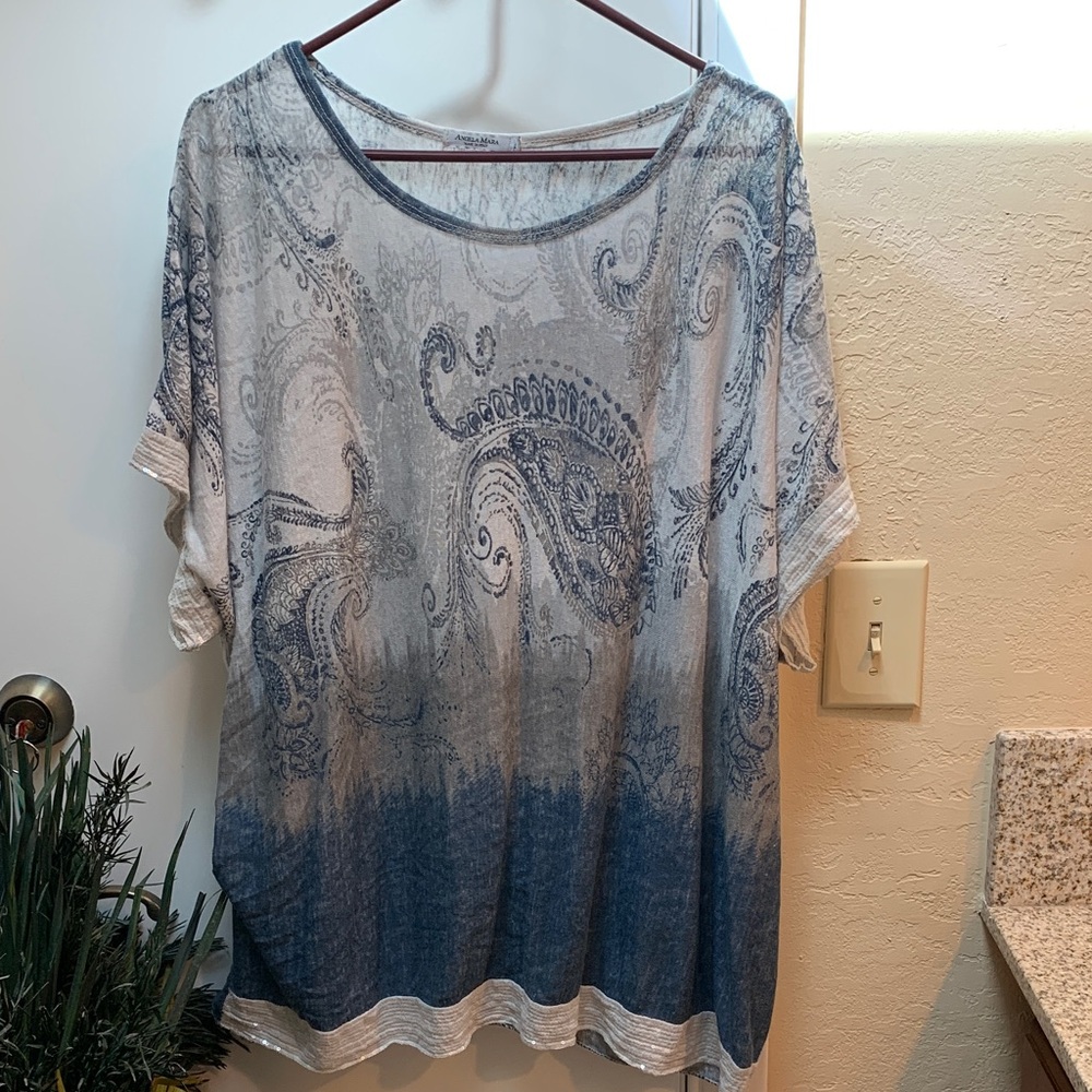 Elegant Blue and Gray Paisley Oversized Blouse